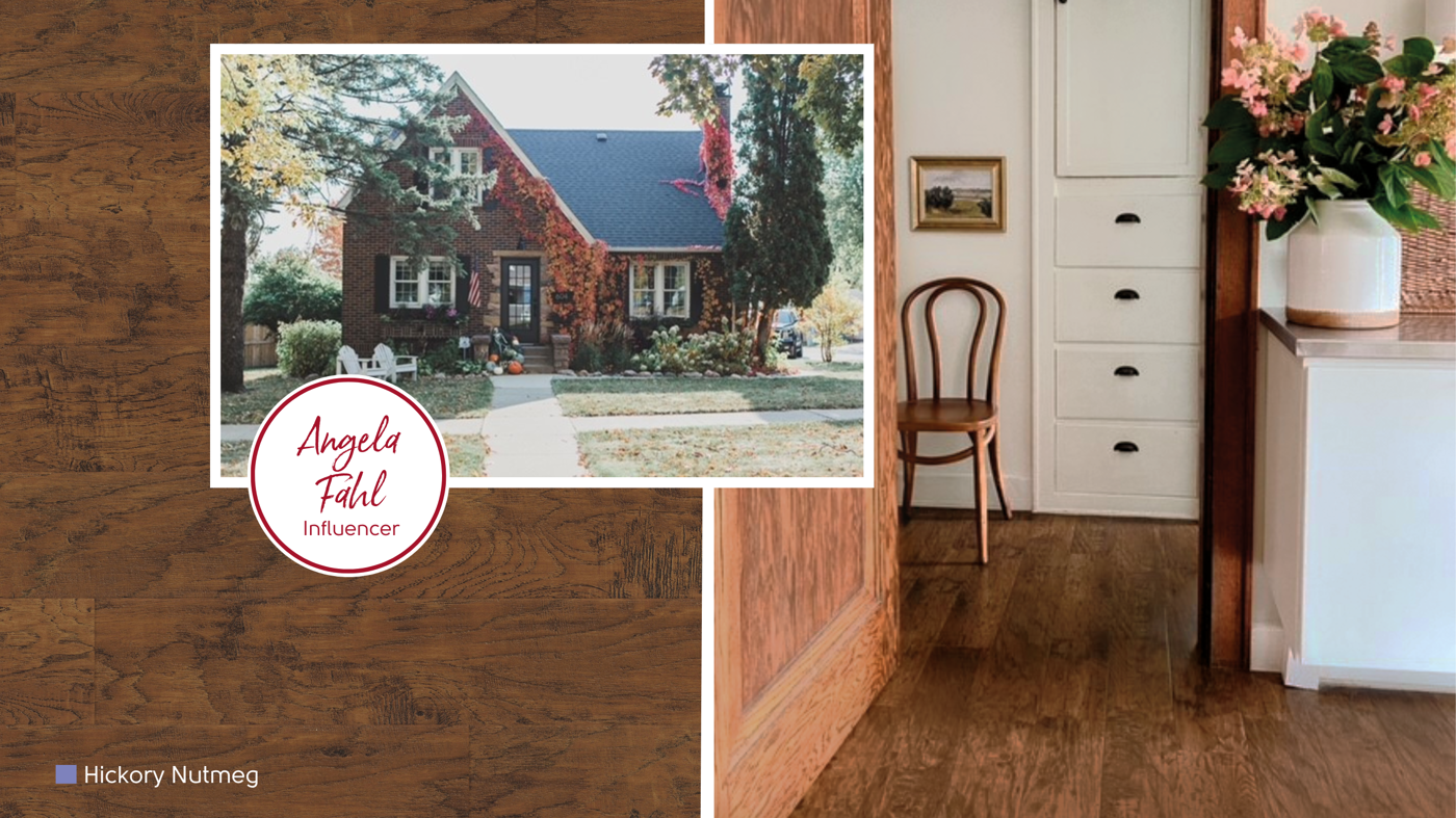 Hickory Nutmeg lvp floors in Angela Fahl's updated hall and laundry; available gluedown and click-lock installation