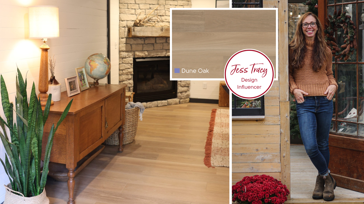 Dune Oak luxury vinyl floors brighten and bring warmth to Jess Tracy's basement; available for rigid core and gluedown installation