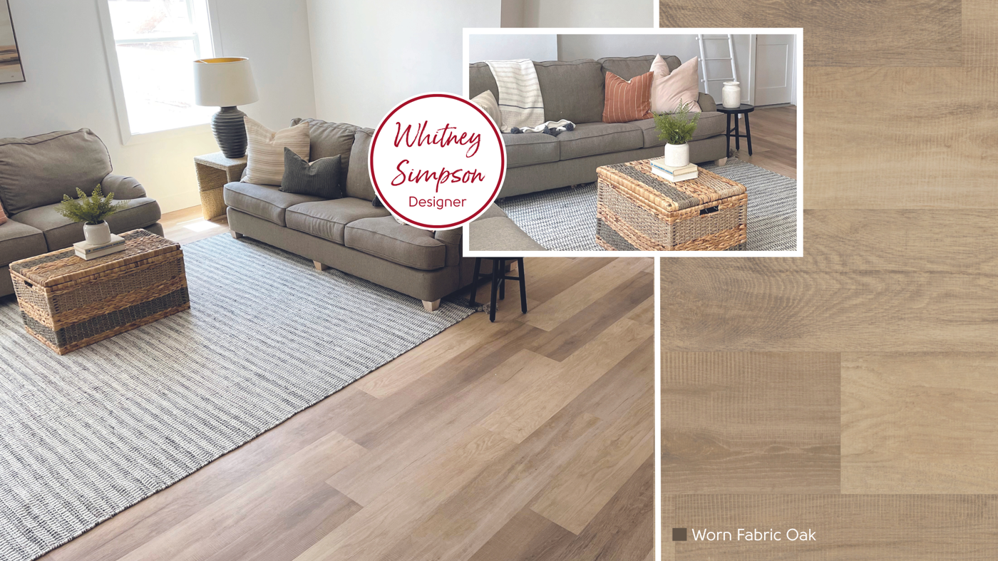 Worn Fabric Oak loose lay lvp floors bring a mixture of cool and neutral tones to Whitney Simpson's basement make over