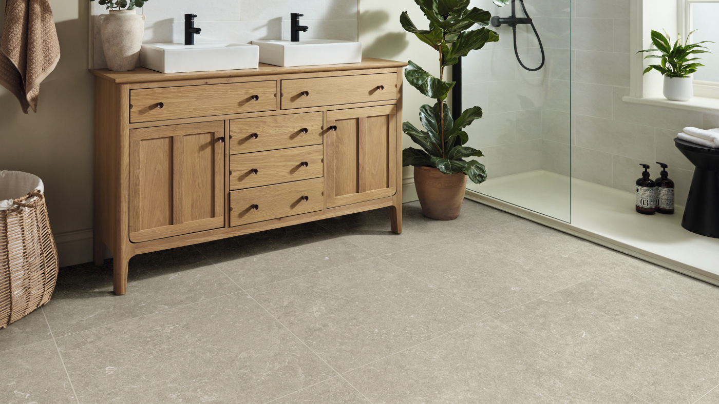 Pamplona stone gluedown lvt floors are beautiful and easy to clean, perfect for bathrooms and kitchens