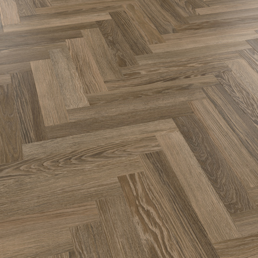 Cocoa limed oak brown herringbone lvt flooring laid at an angle